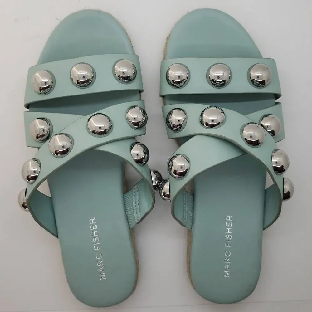 Marc Fisher Women Sandal Prisca Slip On Studded Espadrille Blue Size 6
